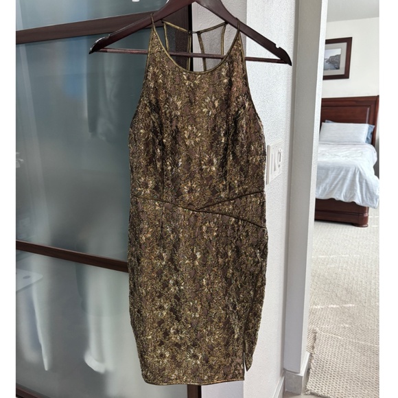 BCBGMaxAzria "Tenya" Sheer Back Mini Dress - Gold & Black Size 6 - Picture 5 of 13